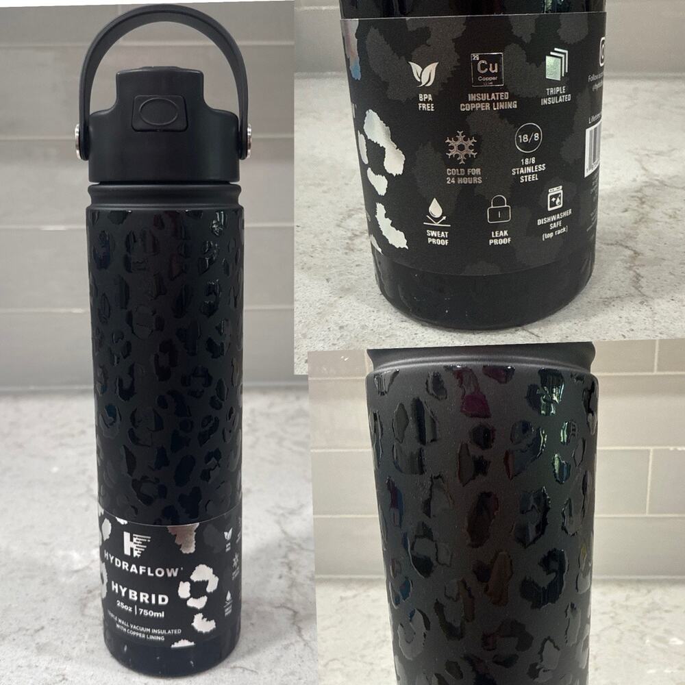 Hydraflow Hybrid Copper Lined Tall Narrow Steel Black Cheetah Water Bottle 25oz